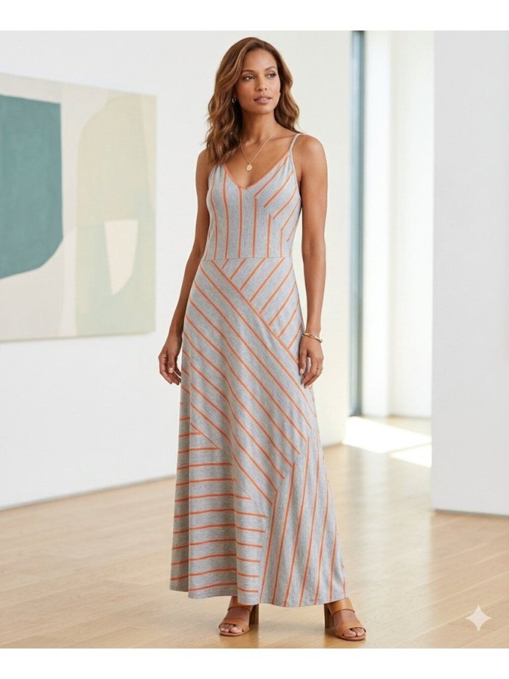 Calvin Klein Maxi Dress Size 14 Gray Orange Striped Spaghetti Straps V Neck